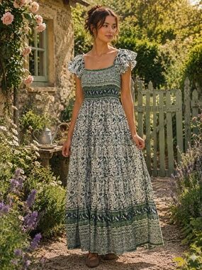 Jessica Simpson Maxi Dress XS Tiered Ruffle Smocked Cottage Core Boho